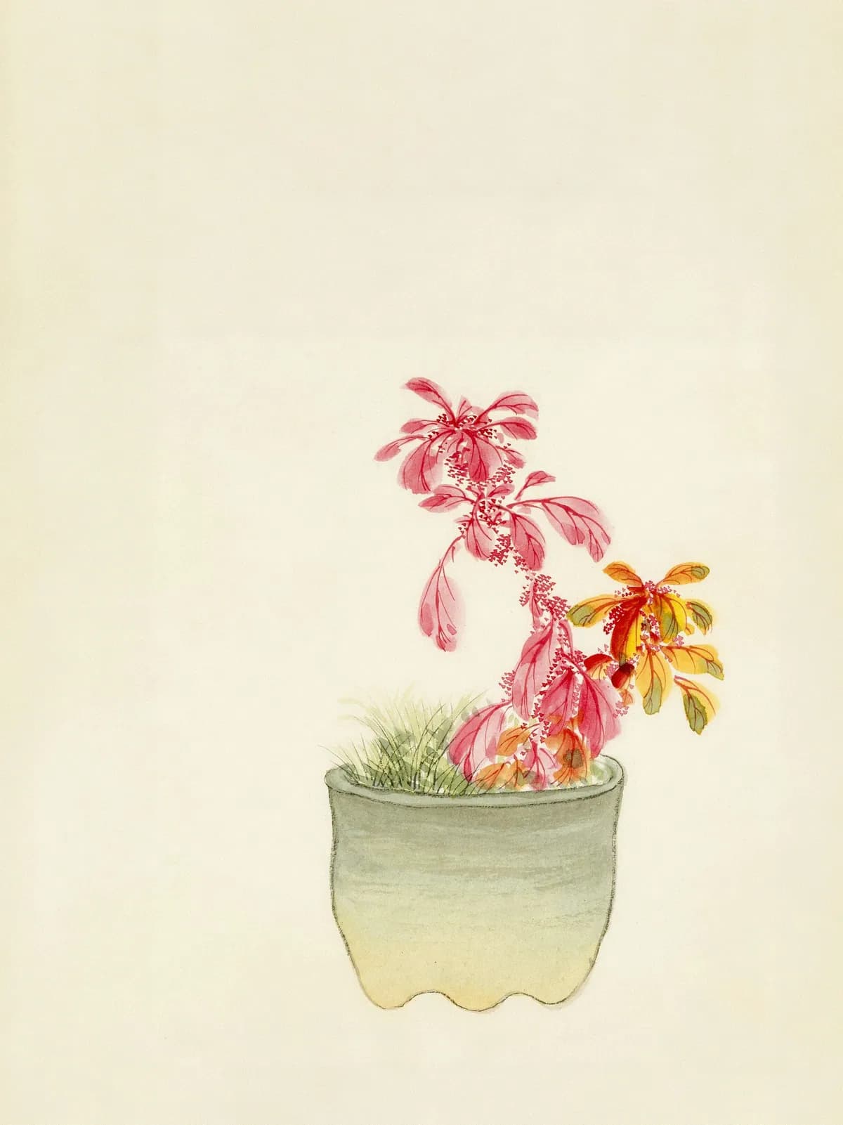Watercolor of red and orange leaves spilling over the rim of a celadon green pot