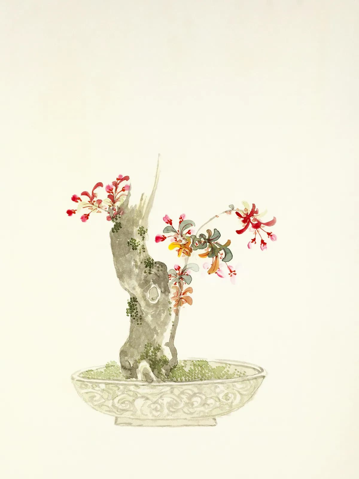 Watercolor of a weathered, moss-covered trunk putting out red blossoms from a carved stone bowl